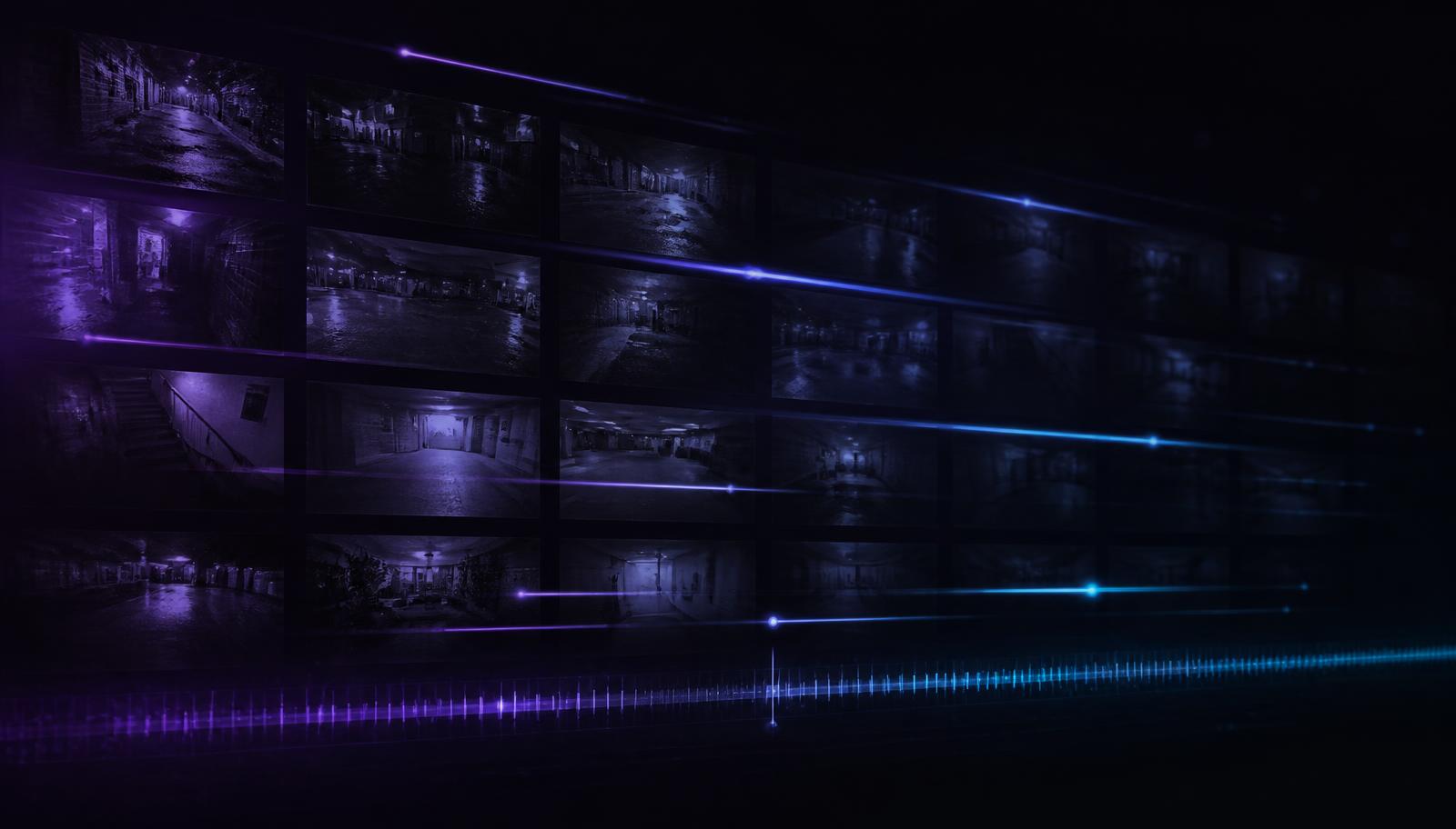 A wall of security camera feeds indexed on a timeline